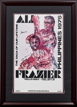 Muhammad Ali and Joe Frazier Dual Signed Framed 22 x 29.5 "Thrilla in Manila" Fight Poster Featuring Artwork by Leroy Neiman (JSA)